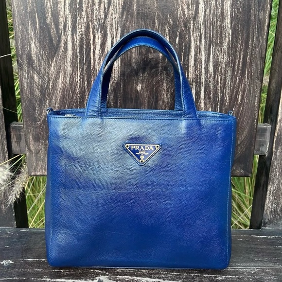 Prada Handbags - PRADA Classic Bluette Saffiano Leather Small Tote Bag